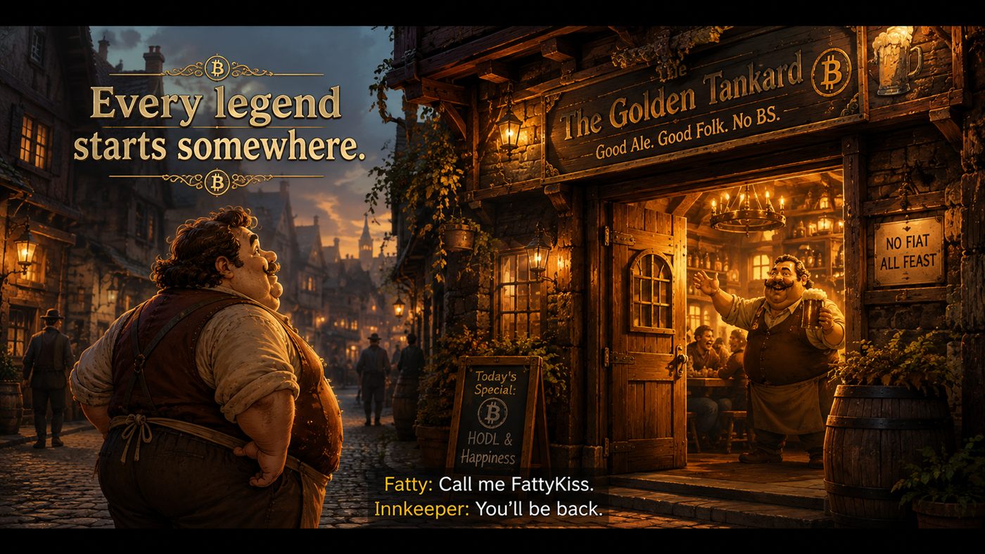 A young Fatty outside The Golden Tankard at dusk